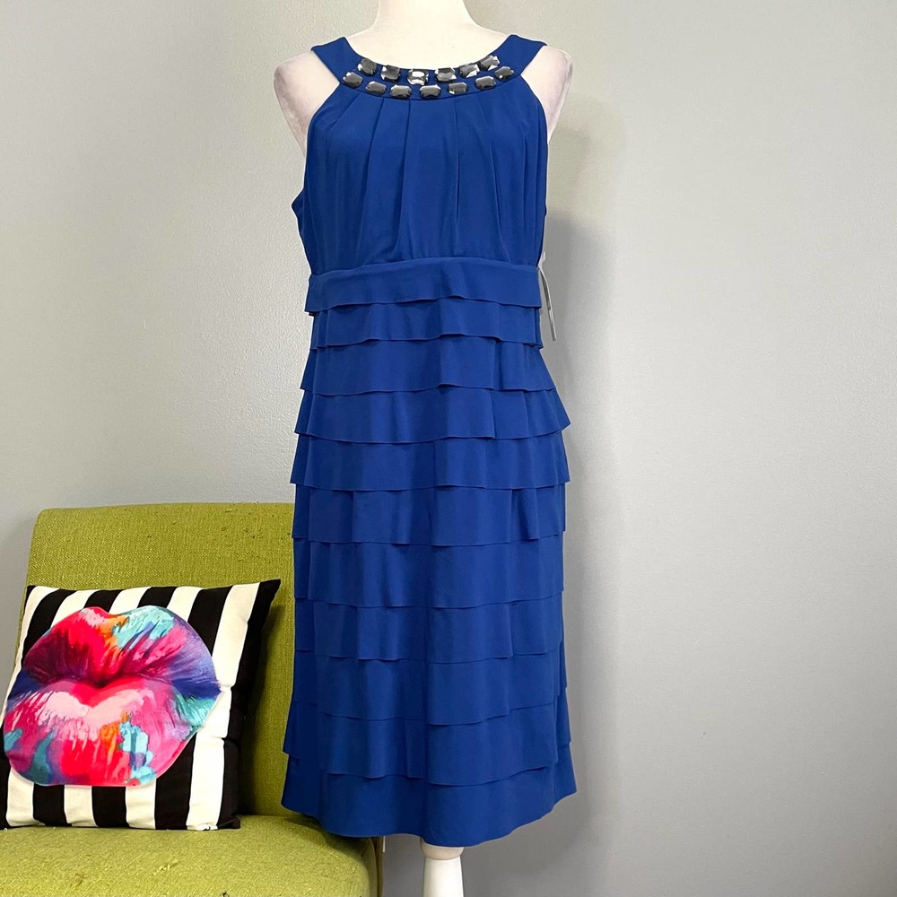 London Times Blue Ruffle Jeweled Collar Cocktail Sheath Dress NEW 14